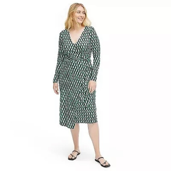 Women's Long Sleeve Midi Arrow Geo Green‎ Wrap Dress - DVF x Target NWT - Picture 2 of 7